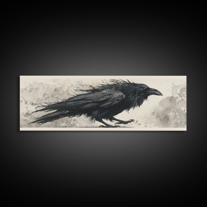 Raven Silhouette with Gothic Atmosphere Framed Canvas Print, Bird Art, Modern Wall Art, Living Room Decor, Fine Art, Flight, BIR-3x1-1