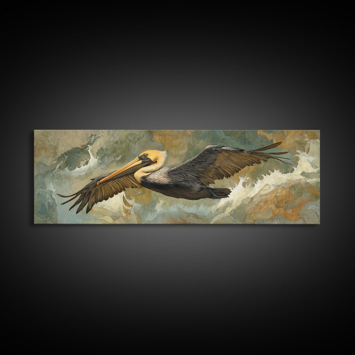 Pelican Flying over Coastal Waves Framed Canvas Print, Bird Art, Home Decor, Living Room Decor, Flight, Modern Wall Art, BIR-3x1-10