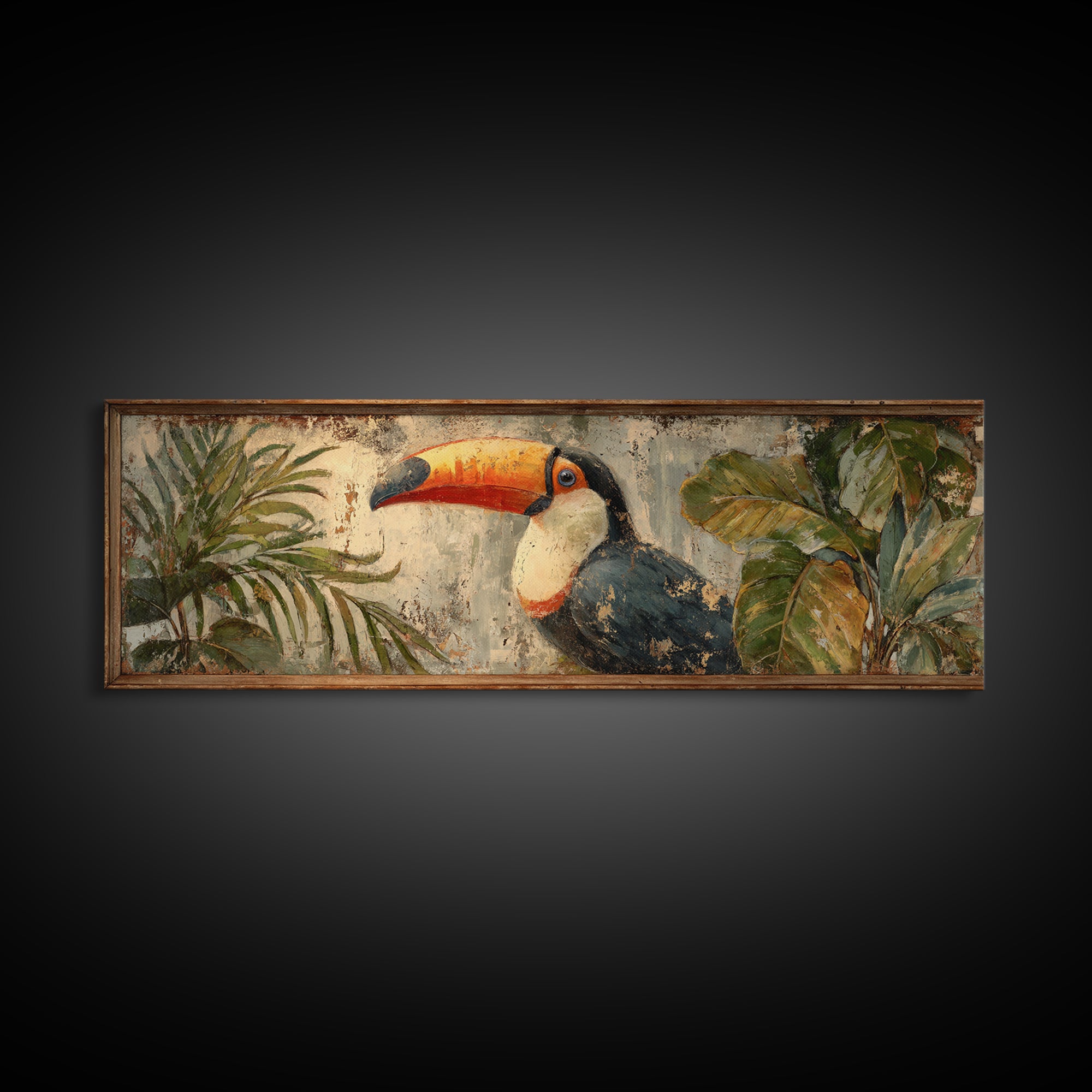 Toucan Framed by Bold Jungle Foliage Framed Canvas Print, Bird Art, Rustic Home Decor, Living Room Decor, Fine Art, Flight, BIR-3x1-15
