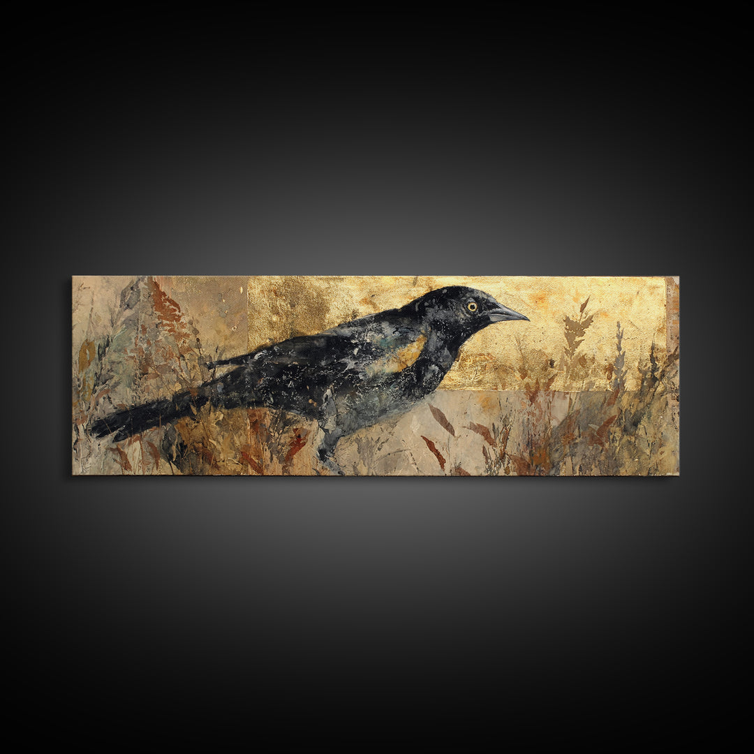 Blackbird on Gold Wheat Field Canvas Print, Bird Art, Mcm Decor, Living Room Decor, Flight, Neutral Decor, Modern Decor, BIR-3x1-16