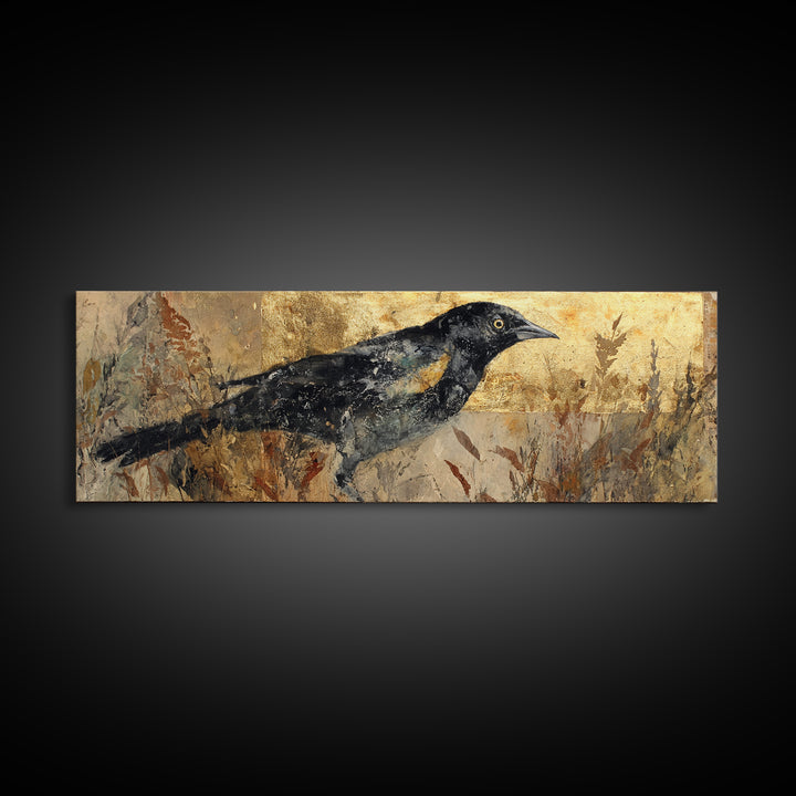 Blackbird on Gold Wheat Field Canvas Print, Bird Art, Mcm Decor, Living Room Decor, Flight, Neutral Decor, Modern Decor, BIR-3x1-16