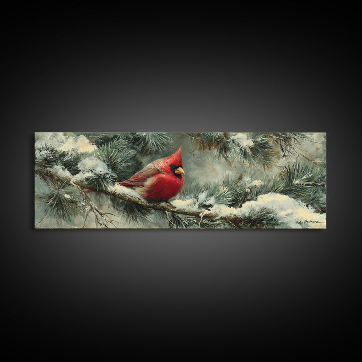 Red Cardinal on Snowy Pine Branch Framed Canvas Print, Bird Art, Botanical Wall Art, Living Room Decor, Watercolor Art, Flight, BIR-3x1-17