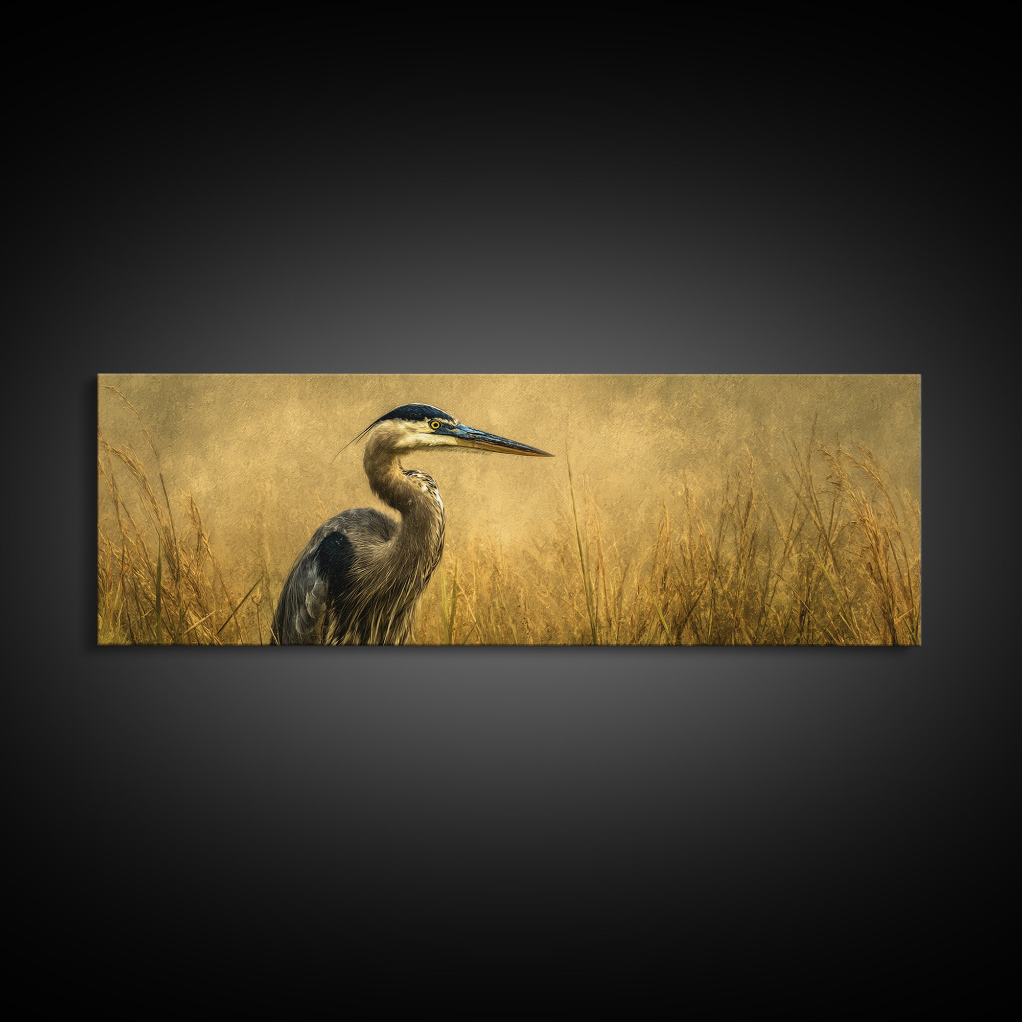 Blue Heron in Misty Marsh Grass Framed Canvas Print, Bird Art, Printable Art, Living Room Decor, Flight, Mid Century Wall Art, BIR-3x1-18