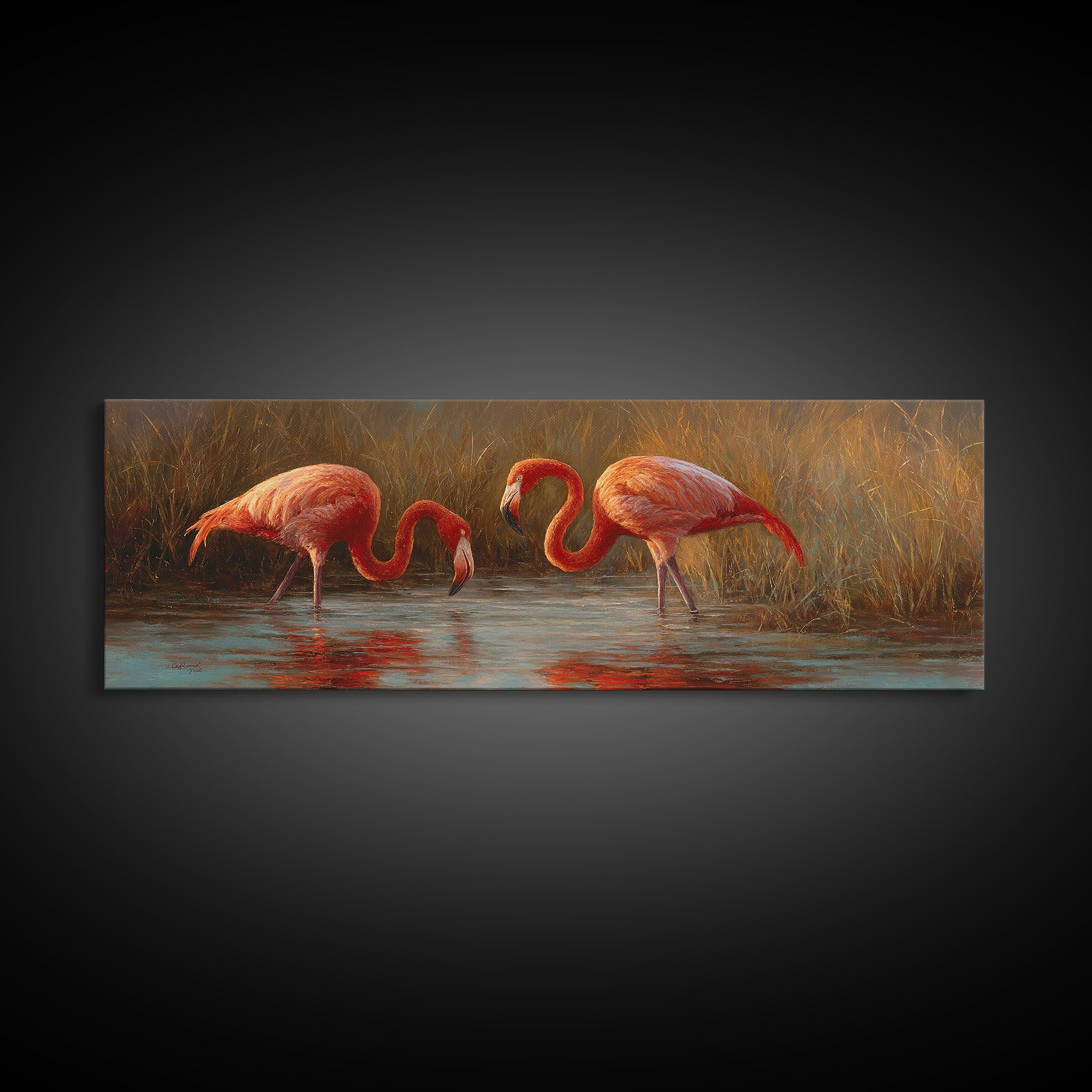 Flamingo Pair in Coral Water Reflections Framed Canvas Print, Bird Art, Mid Century Modern, Living Room Decor, Fine Art, Flight, BIR-3x1-2