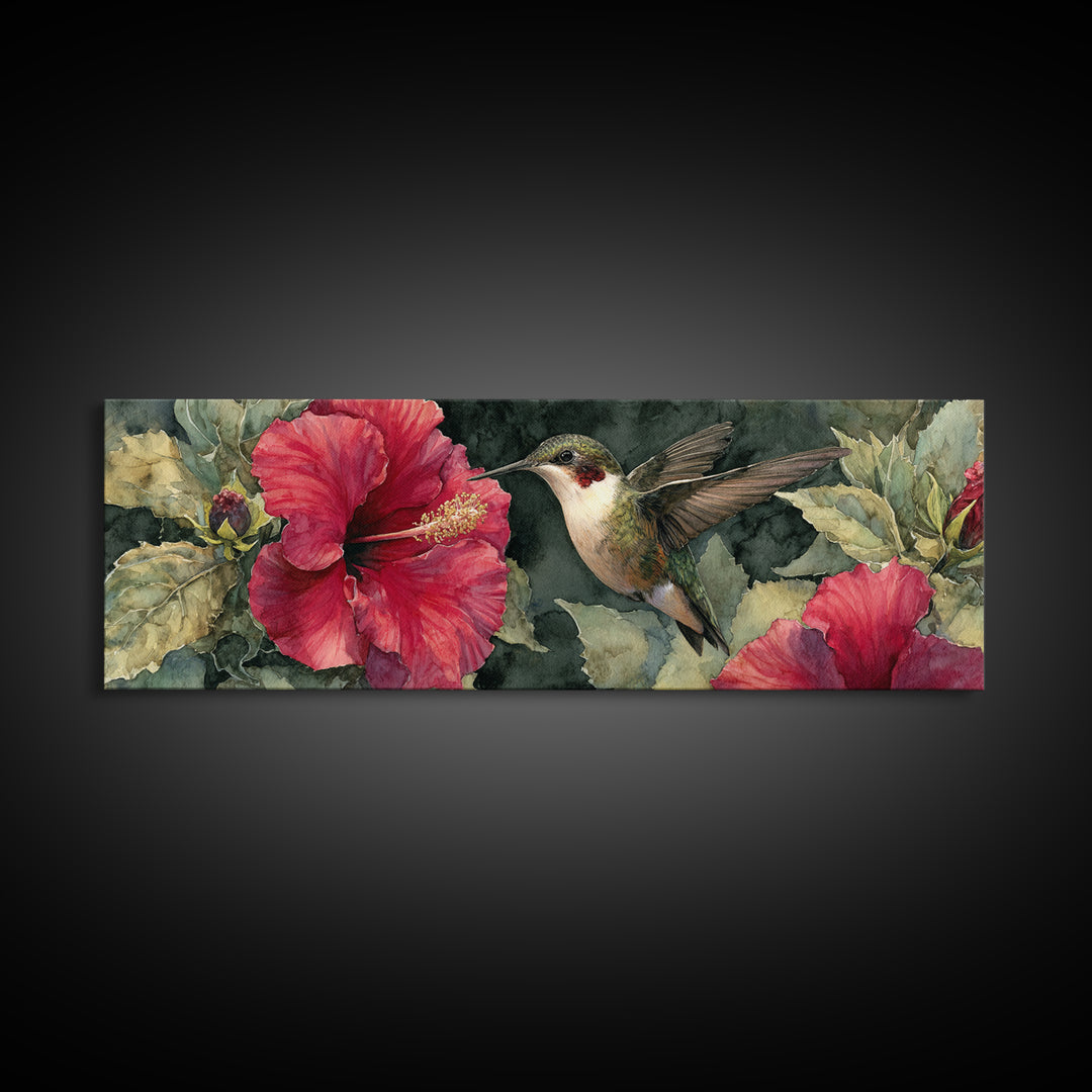 Hummingbird Hovering Beside Bright Hibiscus Canvas Print, Bird Art, Bird Wall Art, Living Room Decor, Fine Art, Flight, BIR-3x1-20