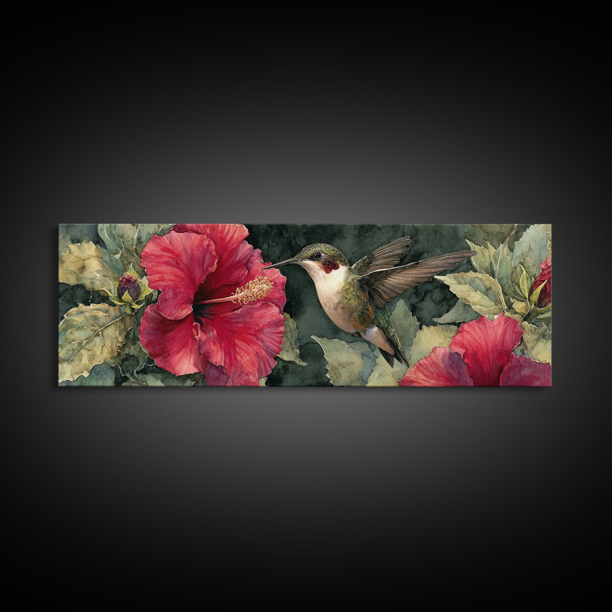 Hummingbird Hovering Beside Bright Hibiscus Canvas Print, Bird Art, Bird Wall Art, Living Room Decor, Fine Art, Flight, BIR-3x1-20