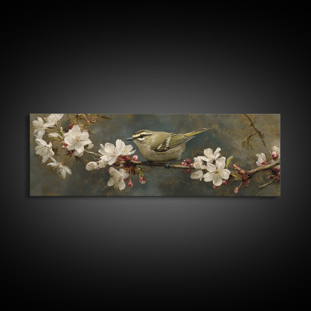 Songbird Perched on Cherry Blossoms Canvas Print, Bird Art, Nature Wall Art, Living Room Decor, Fine Art, Flight, BIR-3x1-24