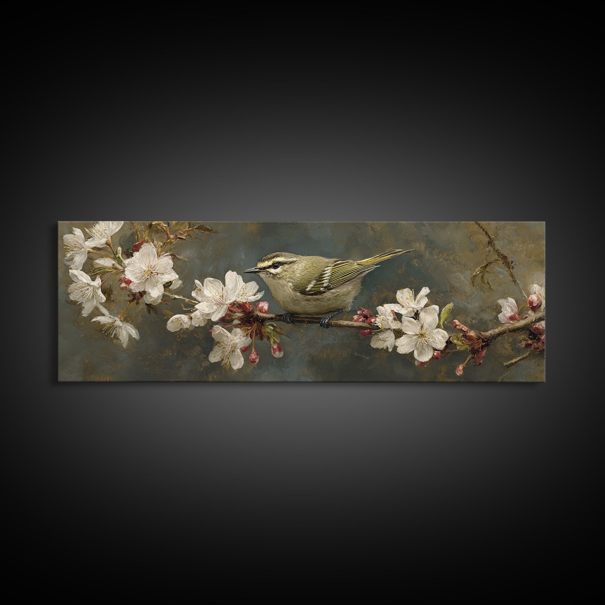 Songbird Perched on Cherry Blossoms Canvas Print, Bird Art, Nature Wall Art, Living Room Decor, Fine Art, Flight, BIR-3x1-24