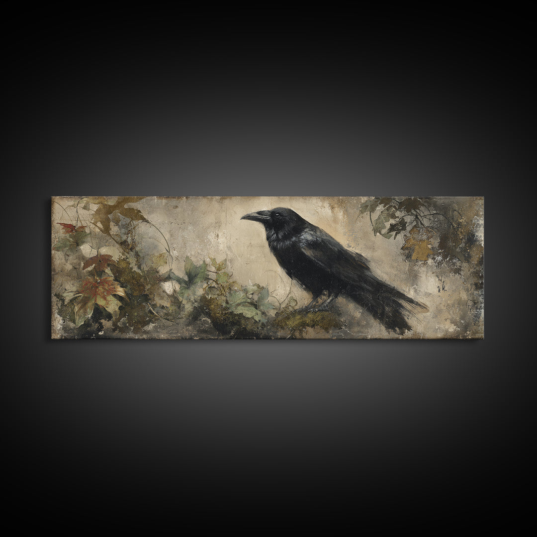 Raven Silhouette with Gothic Atmosphere Canvas Print, Bird Art, Mcm Decor, Living Room Decor, Abstract Art, Flight, BIR-3x1-25