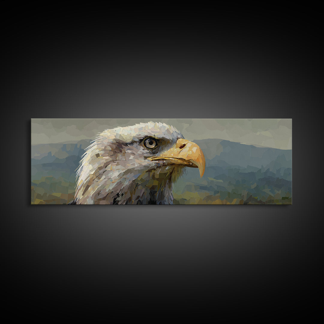 Eagle Portrait with Dramatic Mountain Wind Framed Canvas Print, Bird Art, Rustic Home Decor, Living Room Decor, Oil Painting, BIR-3x1-28