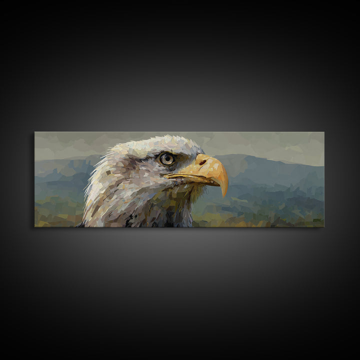 Eagle Portrait with Dramatic Mountain Wind Framed Canvas Print, Bird Art, Rustic Home Decor, Living Room Decor, Oil Painting, BIR-3x1-28