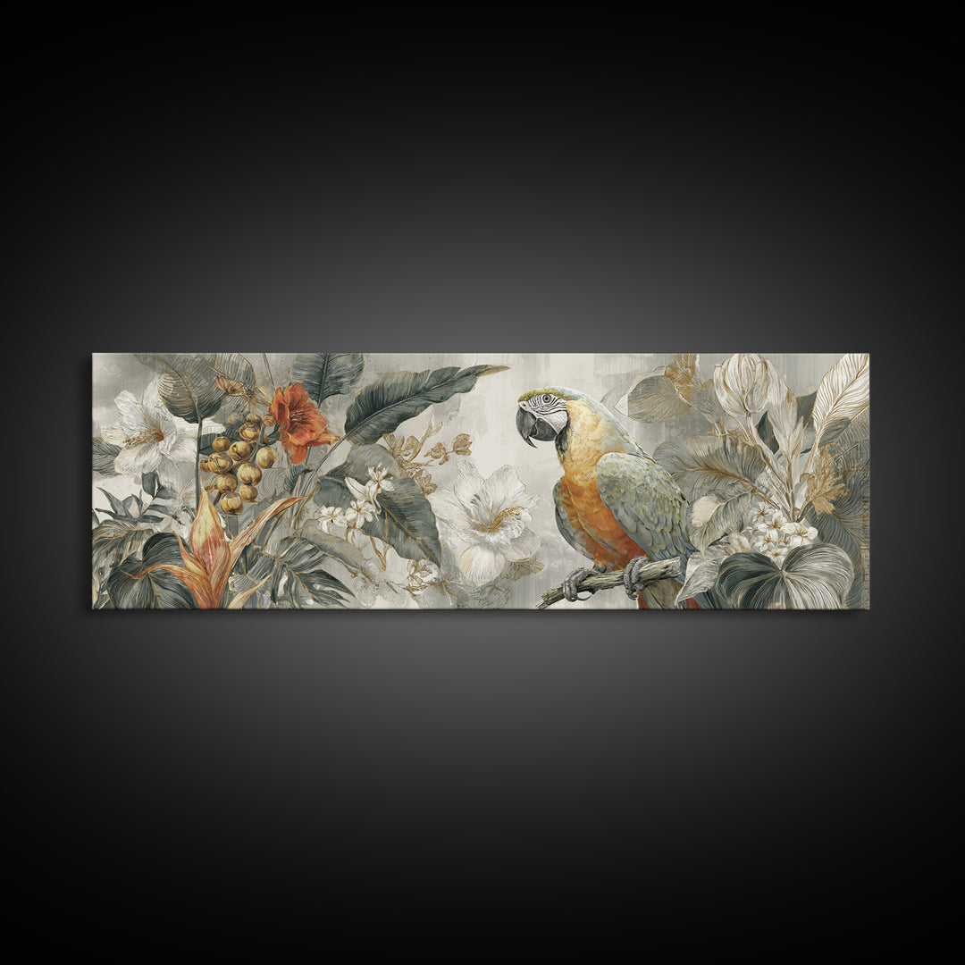 Parrot Among Tropical Leaves and Fruit Canvas Print, Bird Art, Boho Wall Decor, Living Room Decor, Oil Painting, Flight, BIR-3x1-29