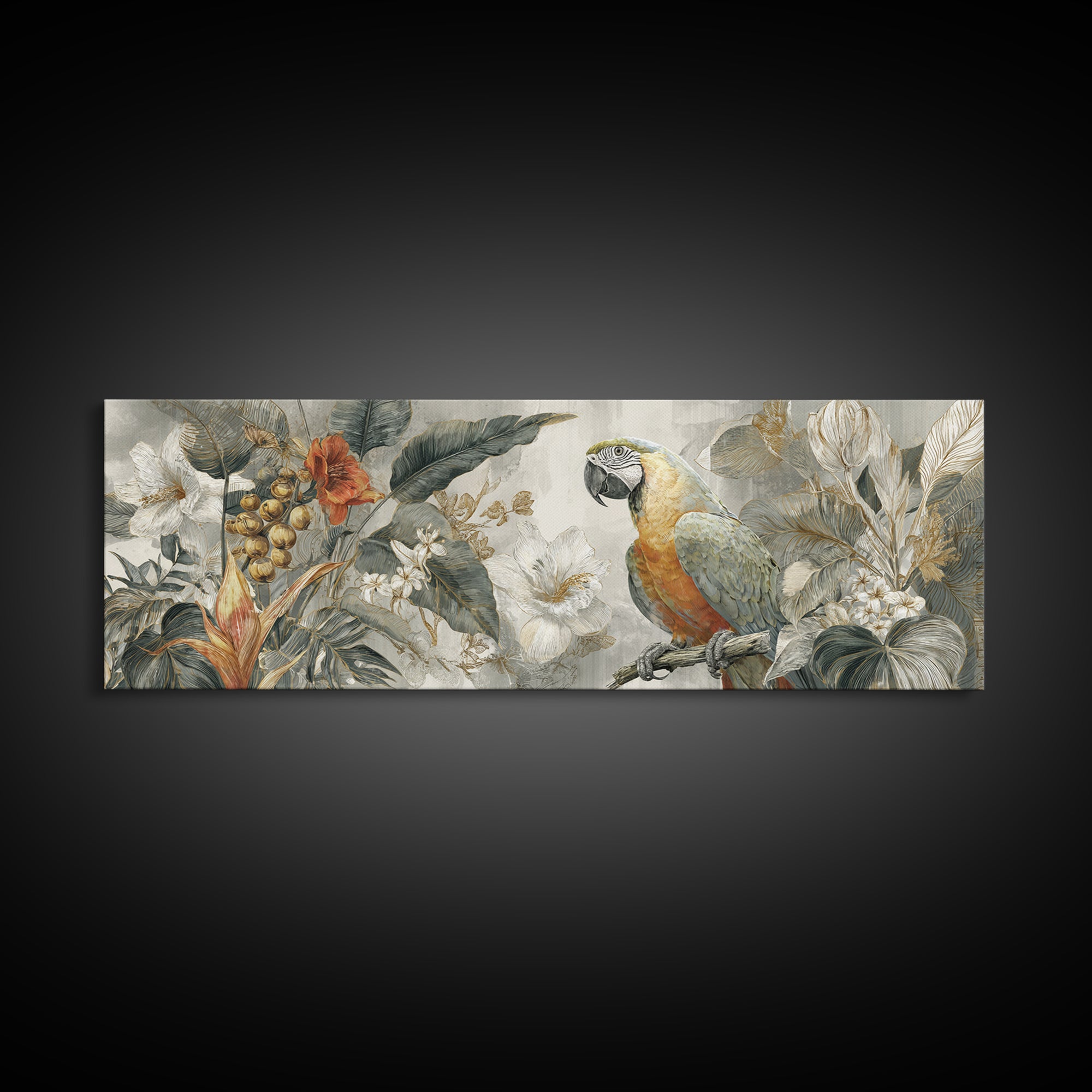 Parrot Among Tropical Leaves and Fruit Canvas Print, Bird Art, Boho Wall Decor, Living Room Decor, Oil Painting, Flight, BIR-3x1-29