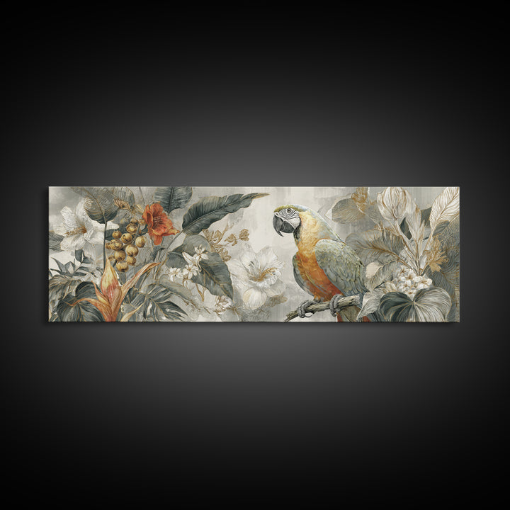 Parrot Among Tropical Leaves and Fruit Canvas Print, Bird Art, Boho Wall Decor, Living Room Decor, Oil Painting, Flight, BIR-3x1-29