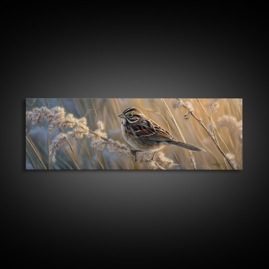Small Sparrow on Wildflower Stem Canvas Print, Bird Art, Wall Art, Living Room Decor, Watercolor Art, Flight, Japanese Wall Art, BIR-3x1-30