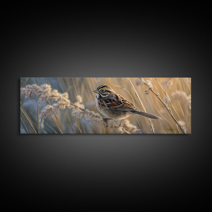 Small Sparrow on Wildflower Stem Canvas Print, Bird Art, Wall Art, Living Room Decor, Watercolor Art, Flight, Japanese Wall Art, BIR-3x1-30