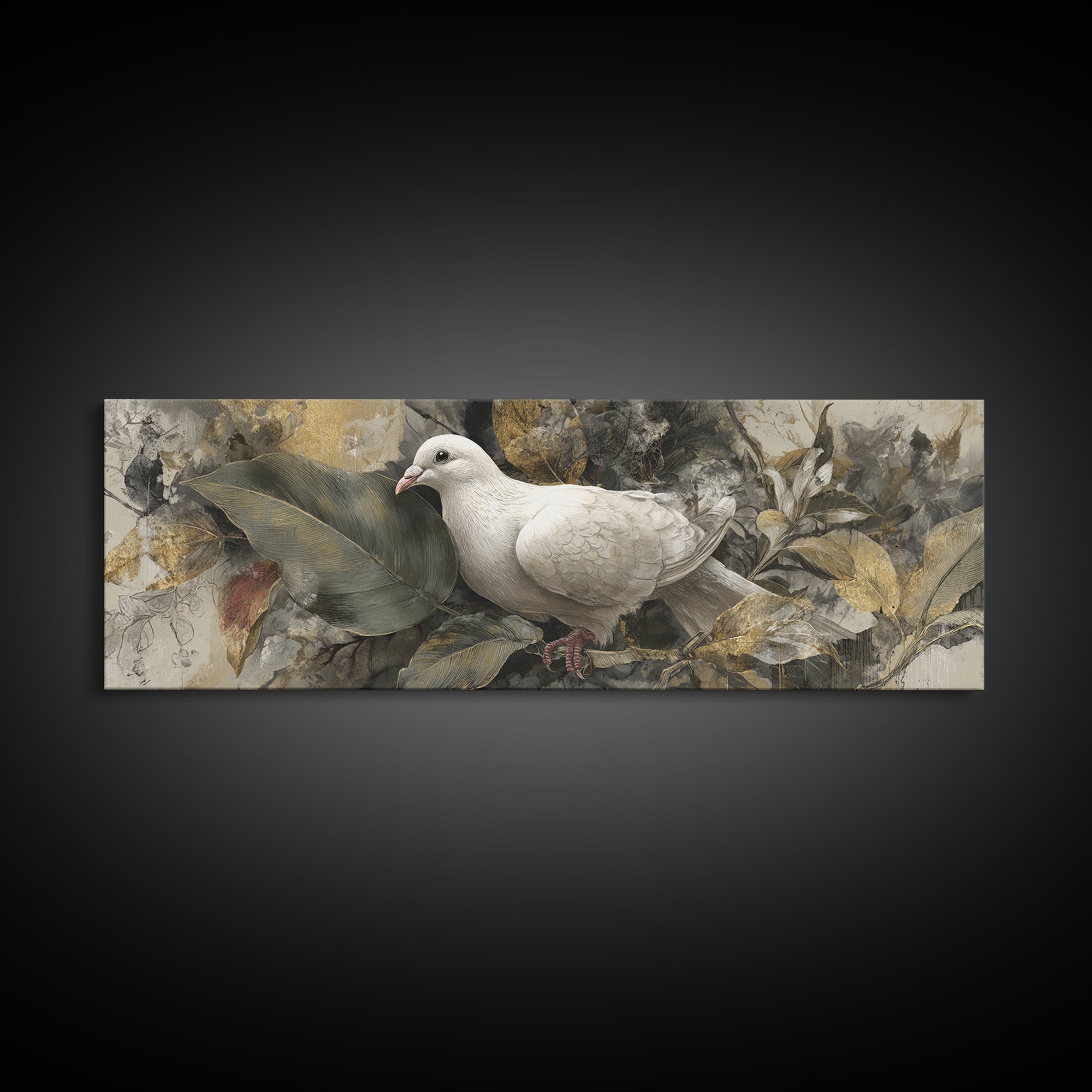 White Dove with Olive Branch and Calm Framed Canvas Print, Bird Art, Floral Art, Living Room Decor, Fine Art, Flight, BIR-3x1-32