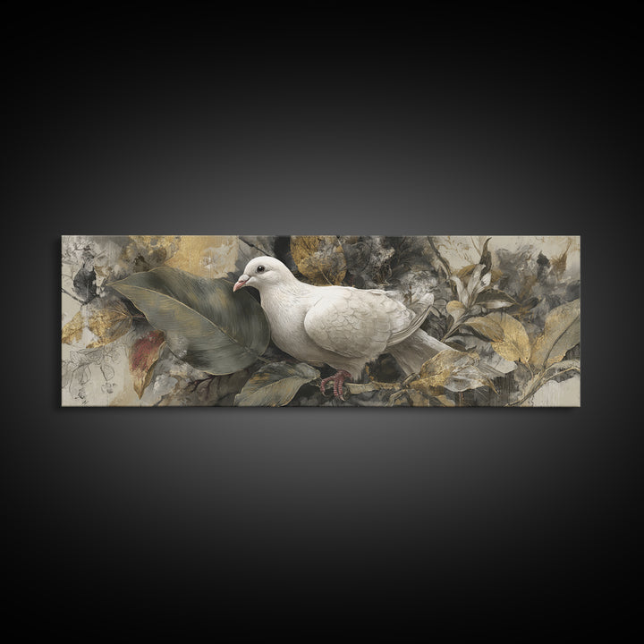 White Dove with Olive Branch and Calm Framed Canvas Print, Bird Art, Floral Art, Living Room Decor, Fine Art, Flight, BIR-3x1-32