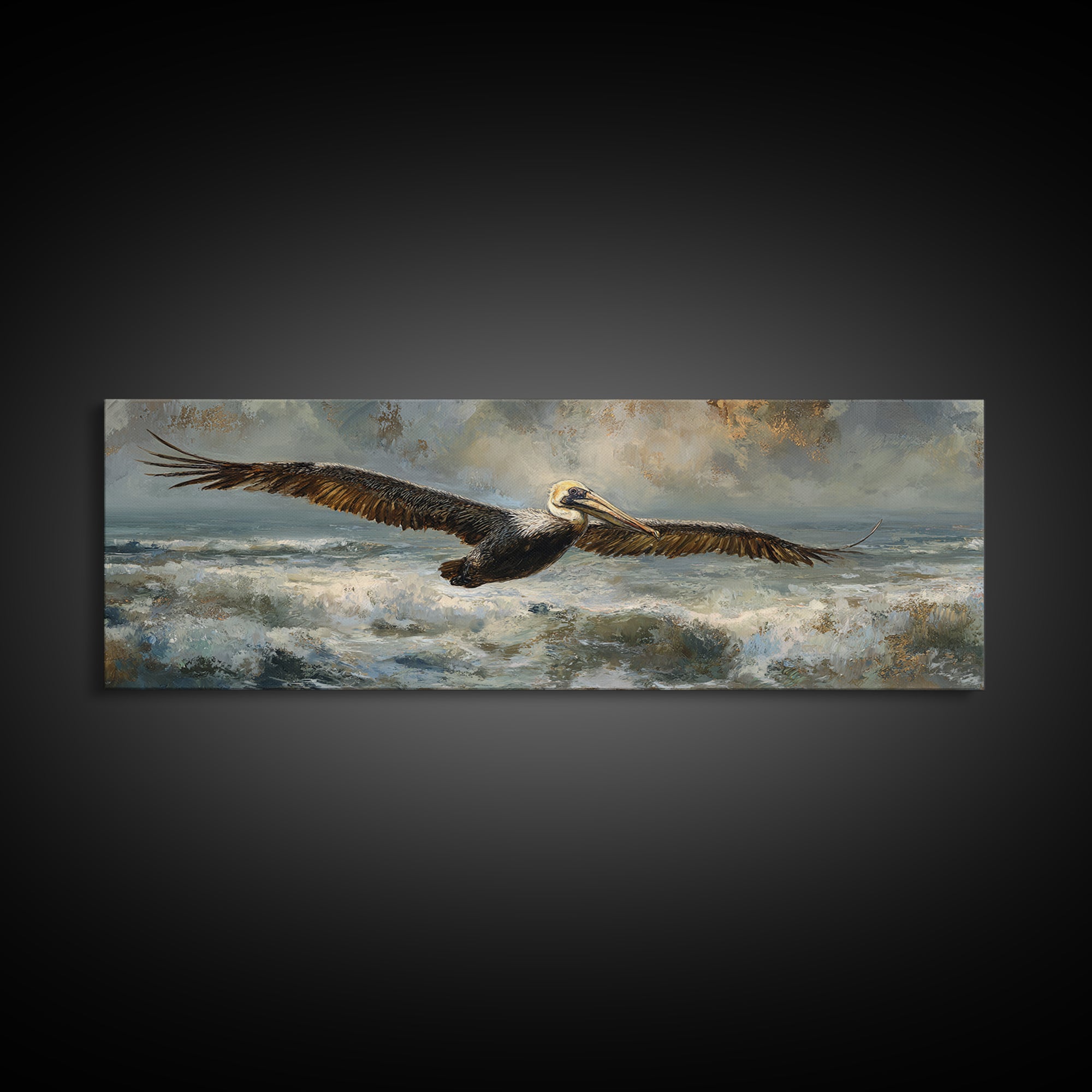Pelican Flying over Coastal Waves Canvas Print, Bird Art, Original Art, Living Room Decor, Abstract Art, Flight, Mcm Decor, BIR-3x1-34
