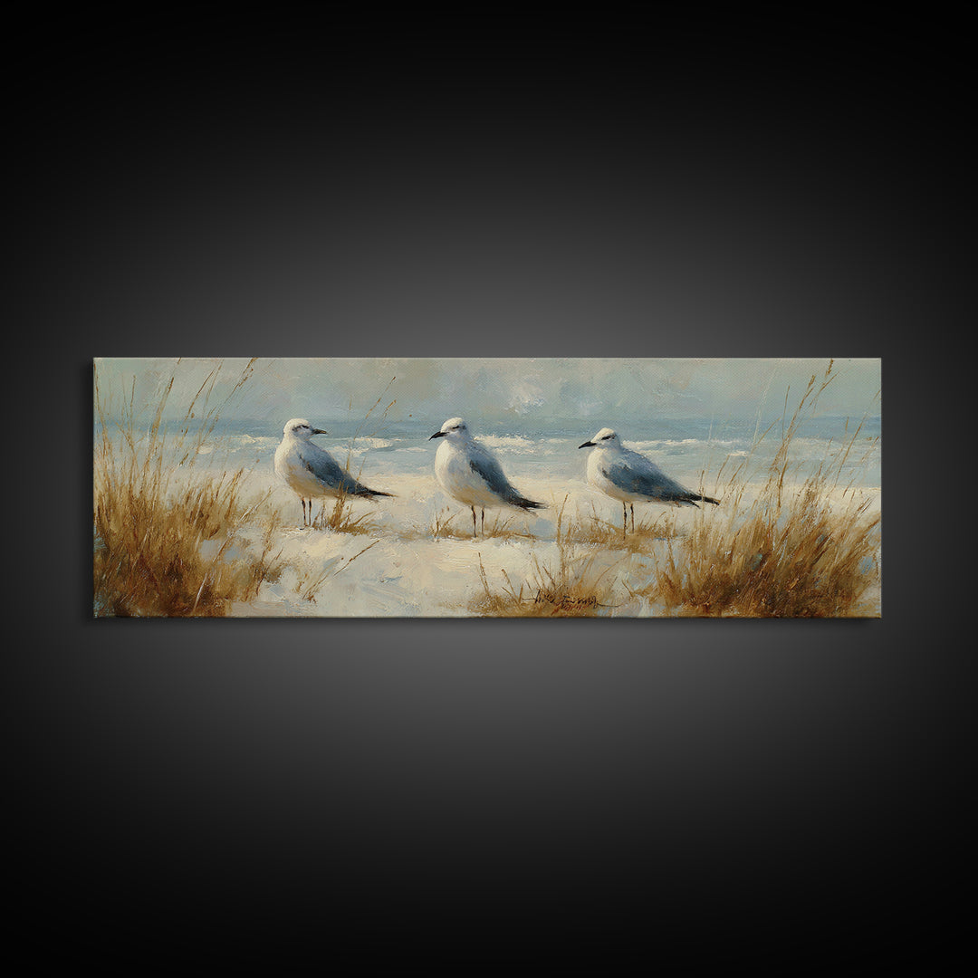 Seagulls Above a Pale Beach Horizon Canvas Print, Bird Art, Forest Wall Art, Living Room Decor, Flight, Minimalist Decor, BIR-3x1-36