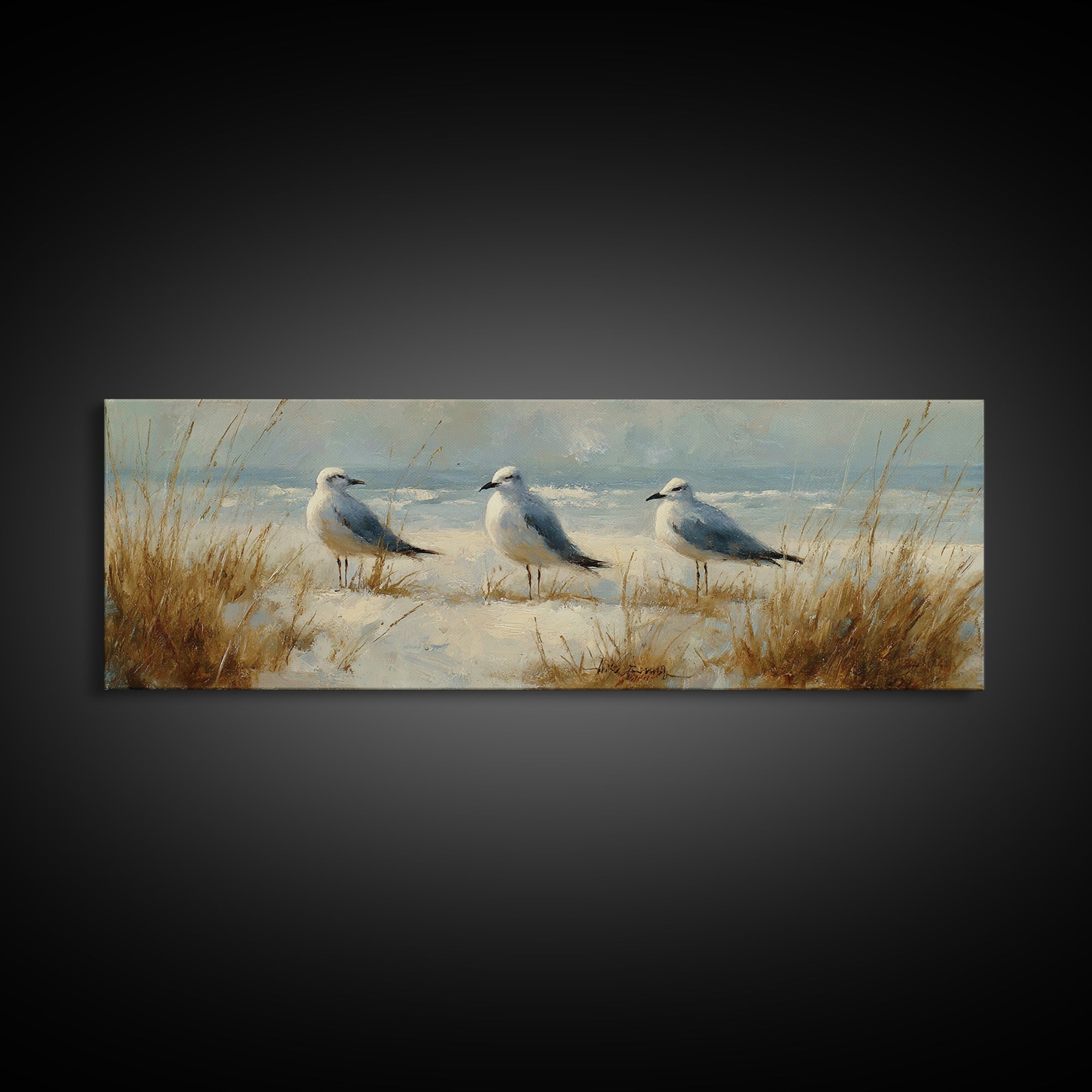 Seagulls Above a Pale Beach Horizon Canvas Print, Bird Art, Forest Wall Art, Living Room Decor, Flight, Minimalist Decor, BIR-3x1-36