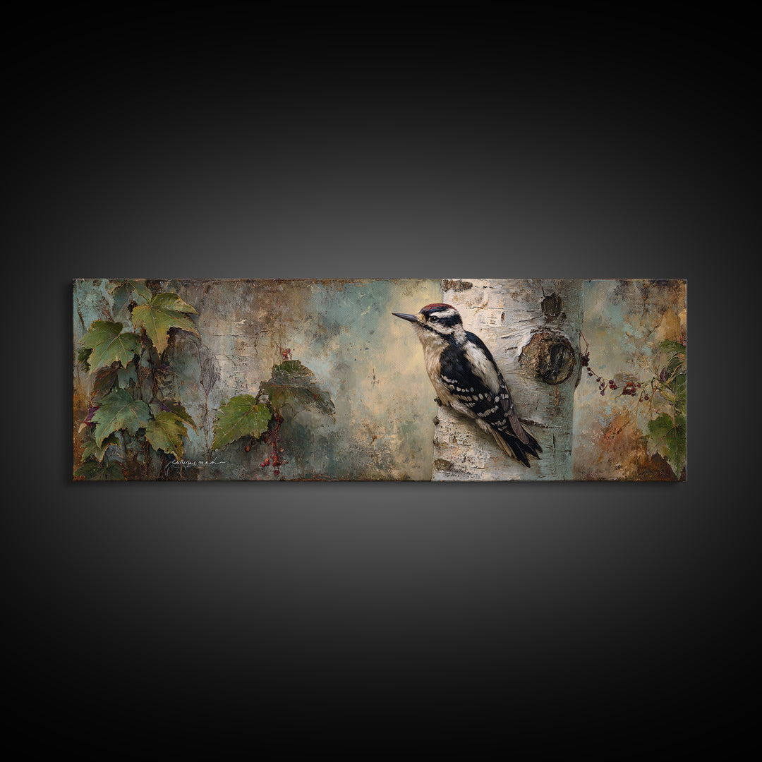Woodpecker on Birch Bark Texture Framed Canvas Print, Bird Art, Modern Art, Living Room Decor, Watercolor Art, Flight, BIR-3x1-37