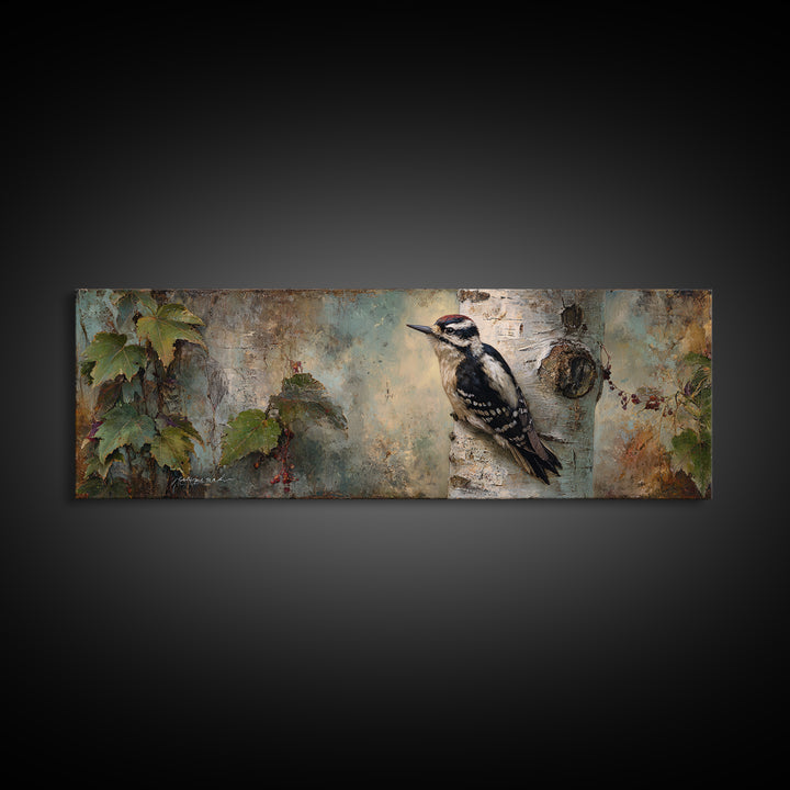 Woodpecker on Birch Bark Texture Framed Canvas Print, Bird Art, Modern Art, Living Room Decor, Watercolor Art, Flight, BIR-3x1-37