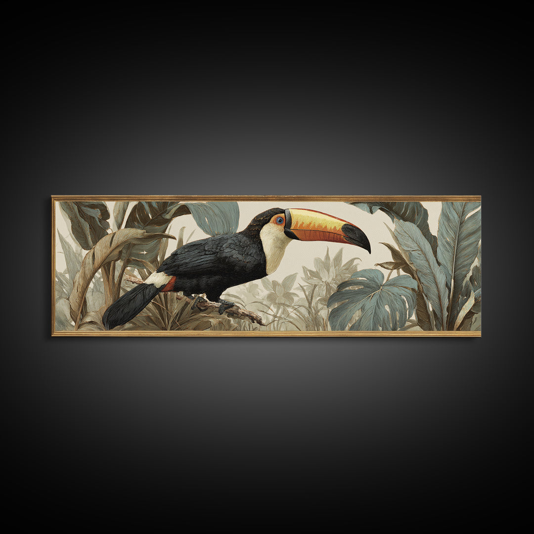 Toucan Framed by Bold Jungle Foliage Canvas Print, Bird Art, Fine Art Print, Living Room Decor, Fine Art, Flight, Wall Decor, BIR-3x1-39