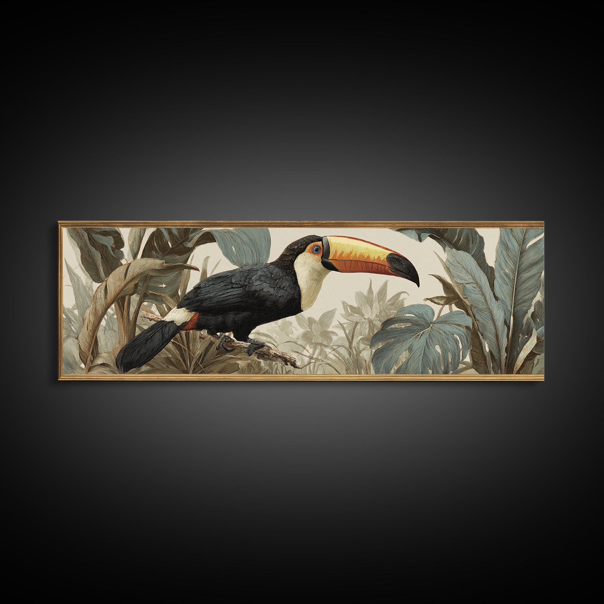 Toucan Framed by Bold Jungle Foliage Canvas Print, Bird Art, Fine Art Print, Living Room Decor, Fine Art, Flight, Wall Decor, BIR-3x1-39
