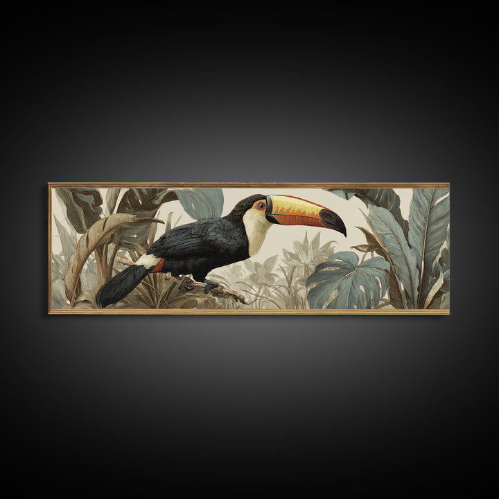Toucan Framed by Bold Jungle Foliage Canvas Print, Bird Art, Fine Art Print, Living Room Decor, Fine Art, Flight, Wall Decor, BIR-3x1-39