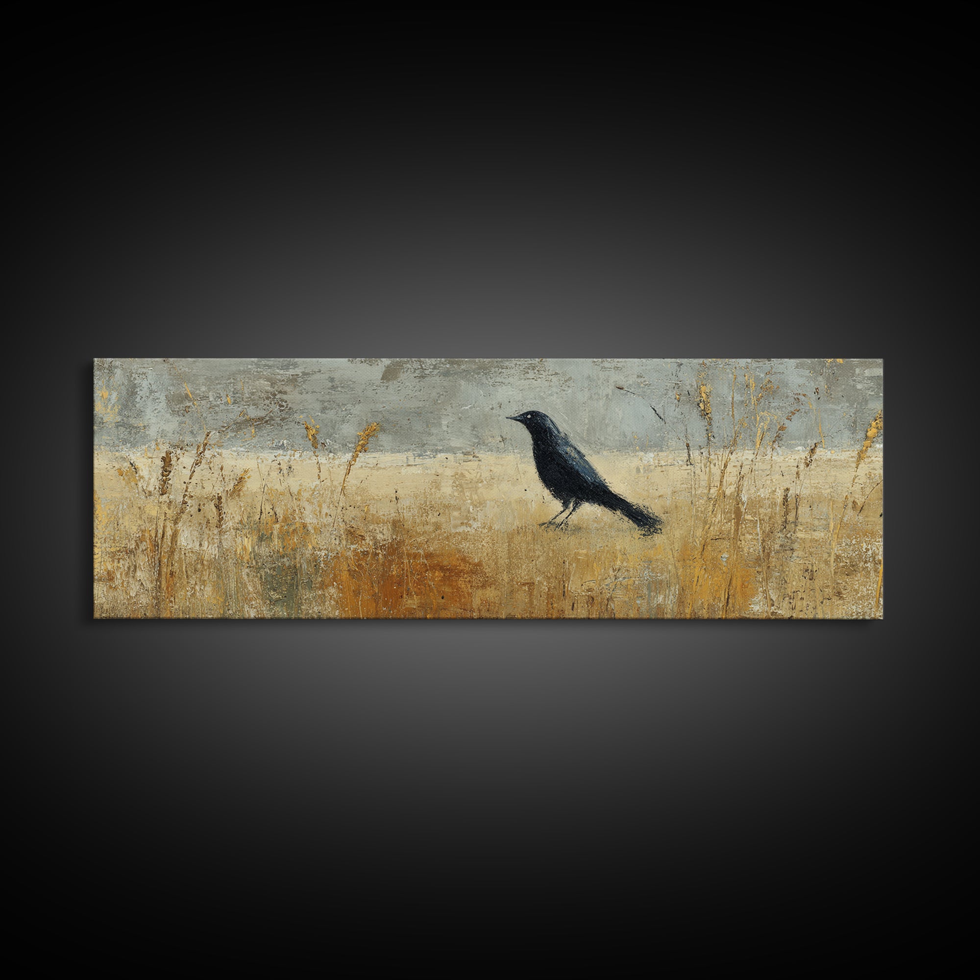 Blackbird on Gold Wheat Field Canvas Print, Bird Art, Gallery Decor, Living Room Decor, Fine Art, Flight, Contemporary Art, BIR-3x1-40