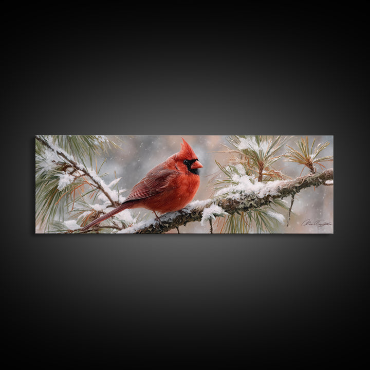 Red Cardinal on Snowy Pine Branch Canvas Print, Bird Art, Nature Prints, Living Room Decor, Fine Art, Flight, Boho Decor, BIR-3x1-41