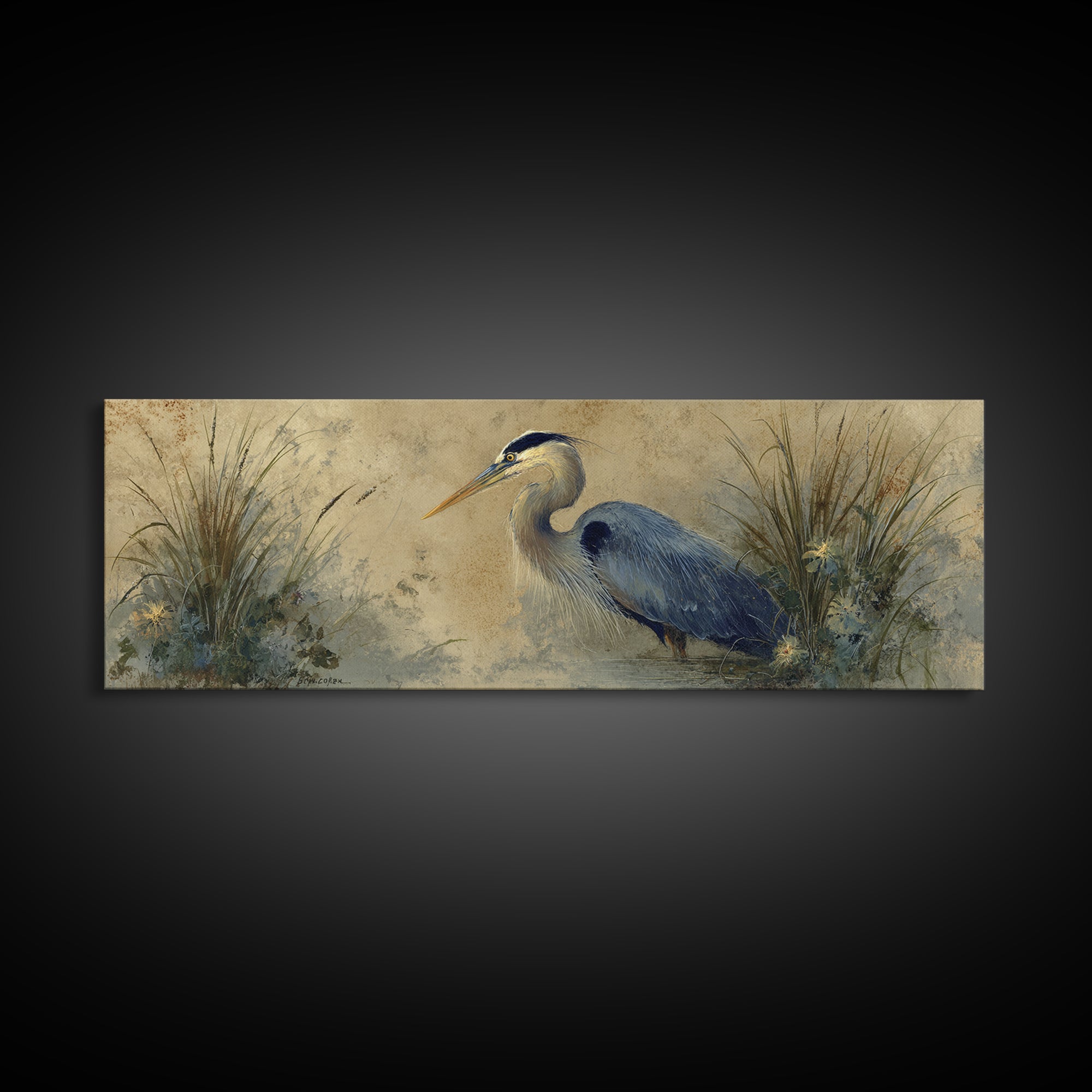 Blue Heron in Misty Marsh Grass Canvas Print, Bird Art, Boho Wall Decor, Living Room Decor, Fine Art, Flight, Nature Wall Art, BIR-3x1-42