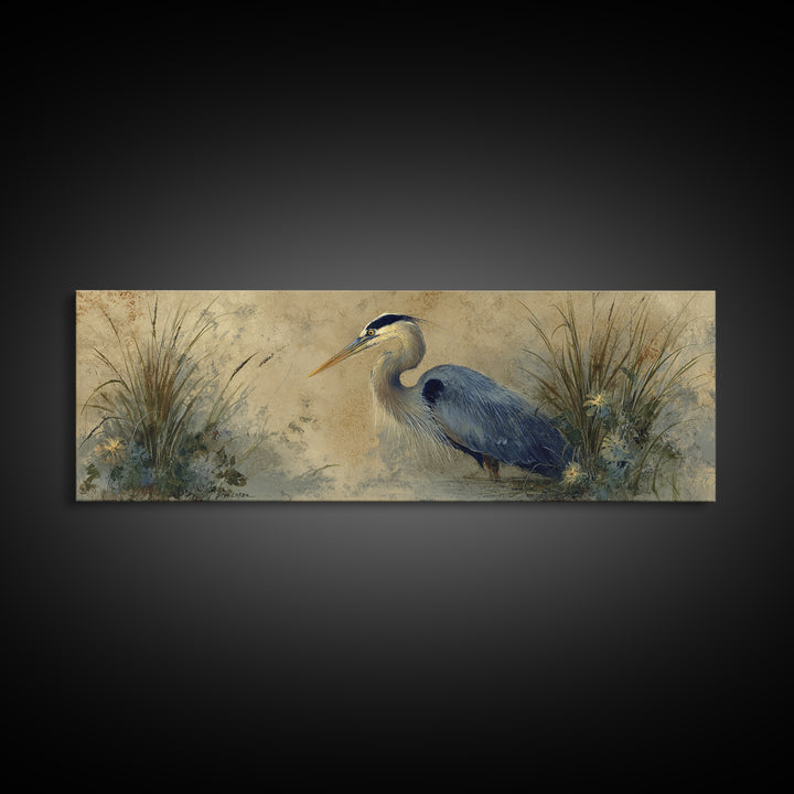 Blue Heron in Misty Marsh Grass Canvas Print, Bird Art, Boho Wall Decor, Living Room Decor, Fine Art, Flight, Nature Wall Art, BIR-3x1-42