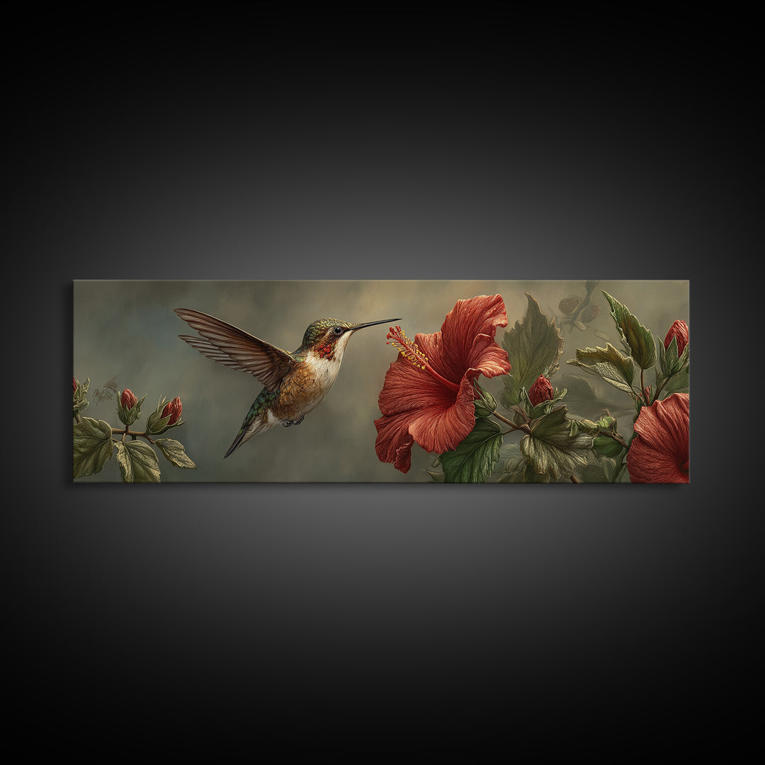 Hummingbird Hovering Beside Bright Hibiscus Framed Canvas Print, Bird Art, Neutral Decor, Living Room Decor, Fine Art, Flight, BIR-3x1-44