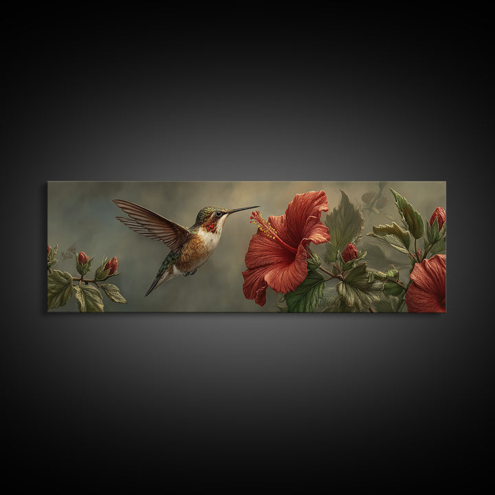 Hummingbird Hovering Beside Bright Hibiscus Framed Canvas Print, Bird Art, Neutral Decor, Living Room Decor, Fine Art, Flight, BIR-3x1-44