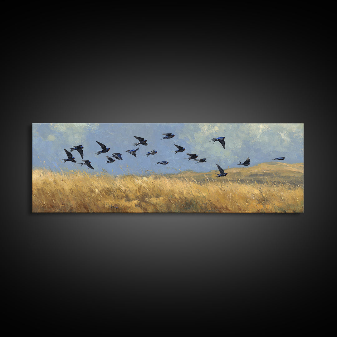 Flock of Swallows Sweeping Across Open Sky Canvas Print, Bird Art, Living Room Decor, Fine Art, Flight, Rustic Home Decor, BIR-3x1-46