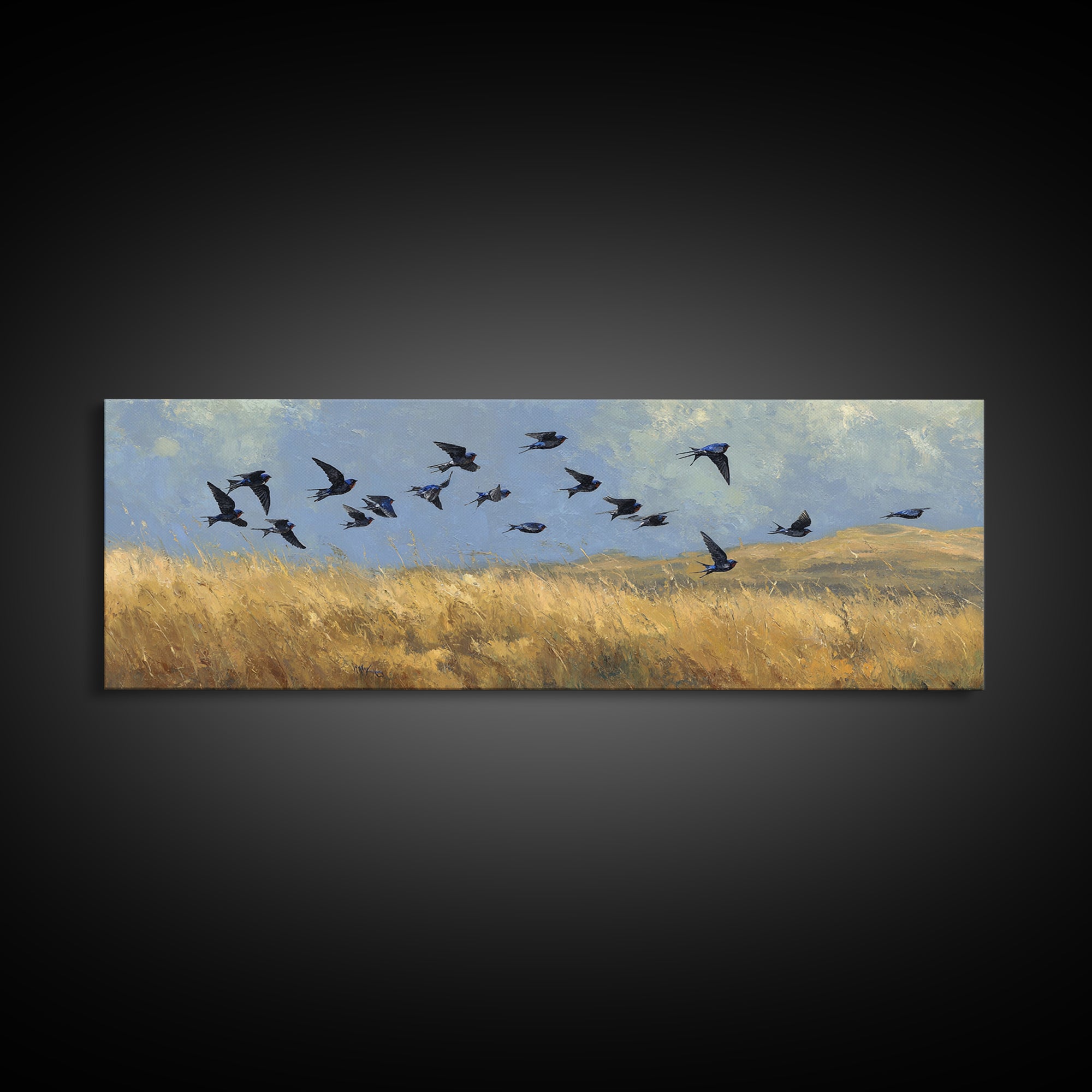 Flock of Swallows Sweeping Across Open Sky Canvas Print, Bird Art, Living Room Decor, Fine Art, Flight, Rustic Home Decor, BIR-3x1-46