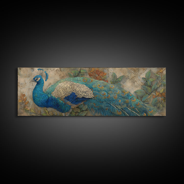 Peacock with Jewel Tone Feather Pattern Framed Canvas Print, Bird Art, Digital Prints, Living Room Decor, Oil Painting, Flight, BIR-3x1-47