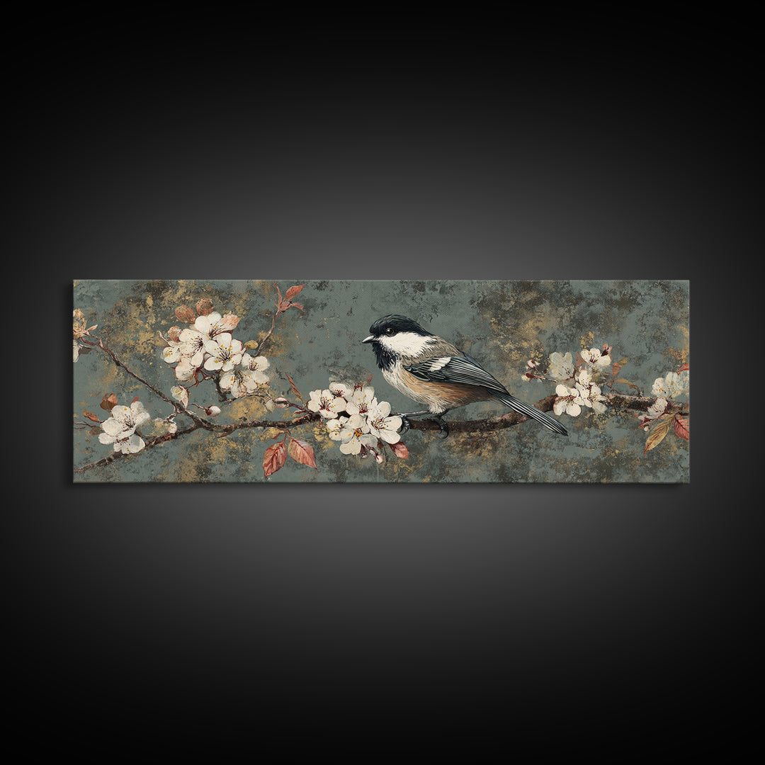 Songbird Perched on Cherry Blossoms Canvas Print, Bird Art, Art Print, Living Room Decor, Fine Art, Flight, Original Art, BIR-3x1-48