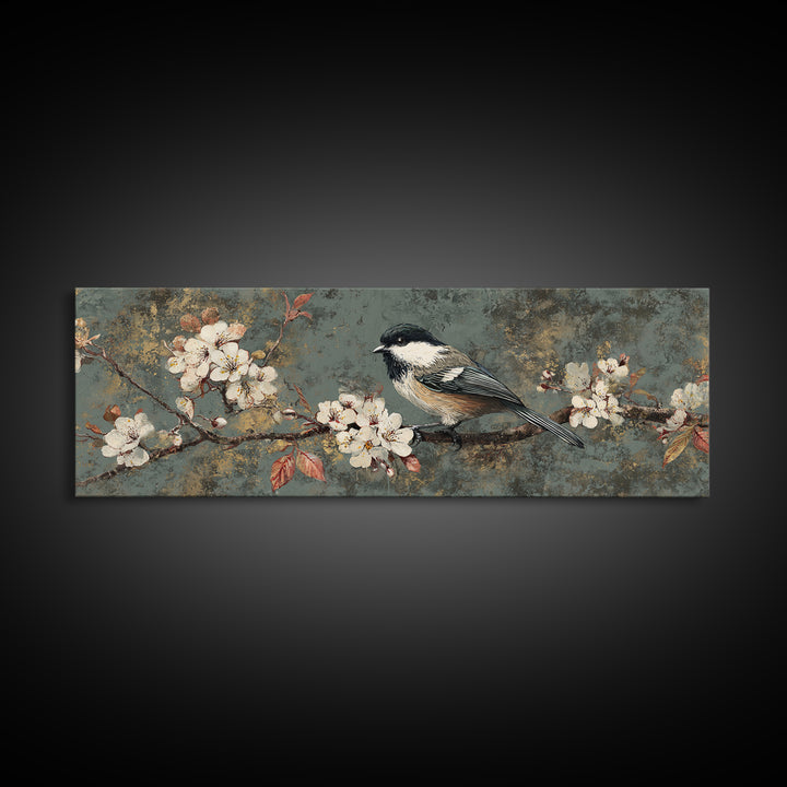 Songbird Perched on Cherry Blossoms Canvas Print, Bird Art, Art Print, Living Room Decor, Fine Art, Flight, Original Art, BIR-3x1-48