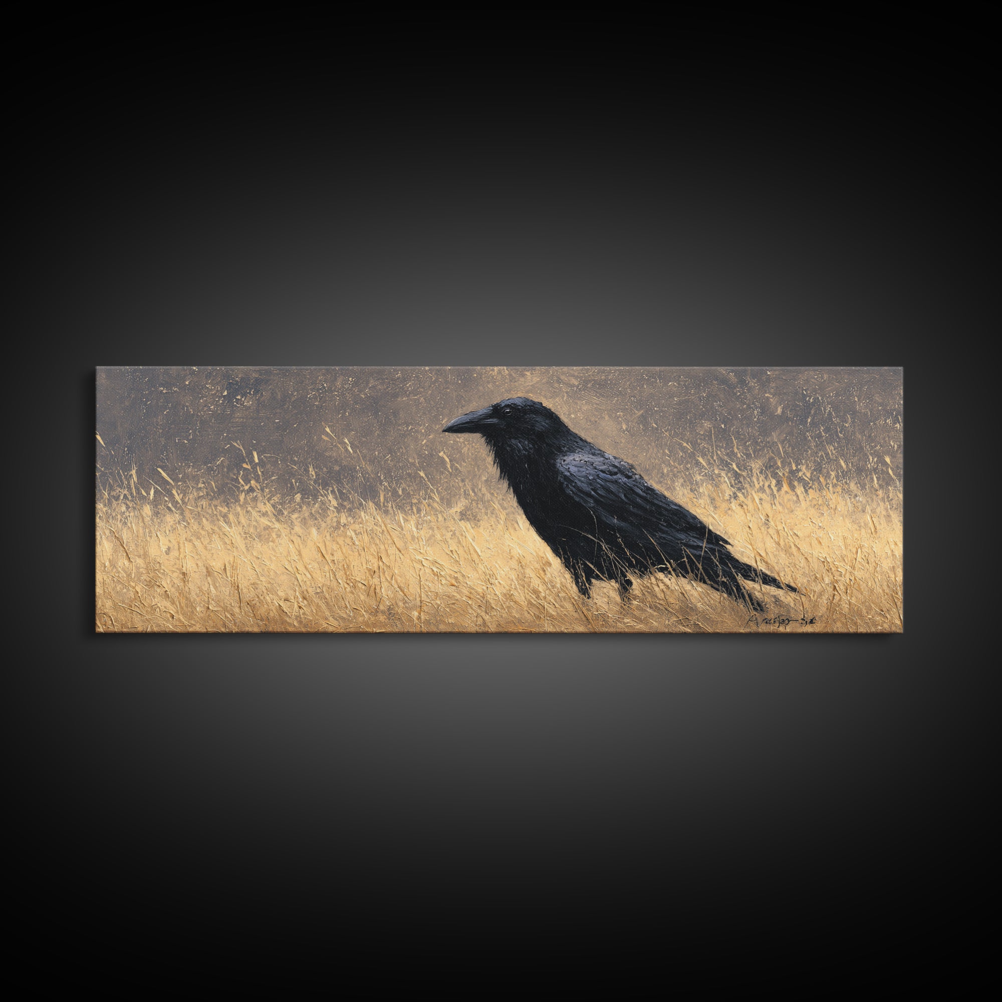 Raven Silhouette with Gothic Atmosphere Canvas Print, Bird Art, Mcm Decor, Living Room Decor, Abstract Art, Flight, BIR-3x1-49