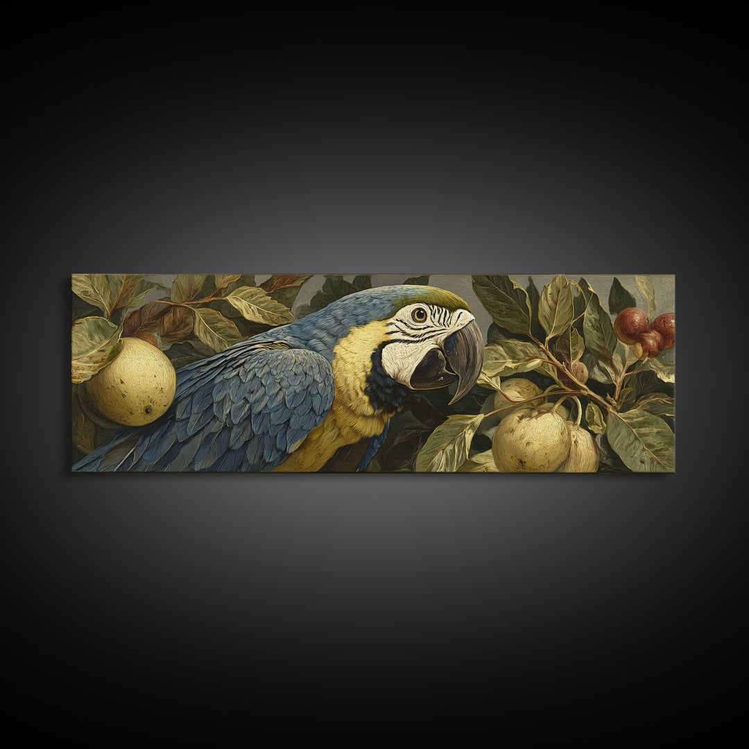 Parrot Among Tropical Leaves and Fruit Framed Canvas Print, Bird Art, Printable Art, Living Room Decor, Watercolor Art, Flight, BIR-3x1-5