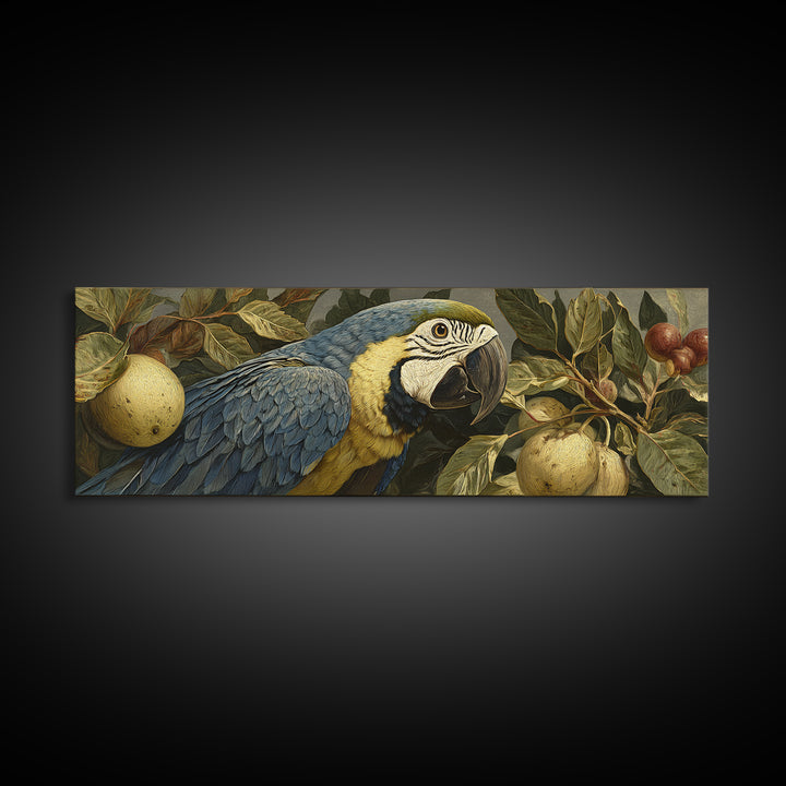 Parrot Among Tropical Leaves and Fruit Framed Canvas Print, Bird Art, Printable Art, Living Room Decor, Watercolor Art, Flight, BIR-3x1-5