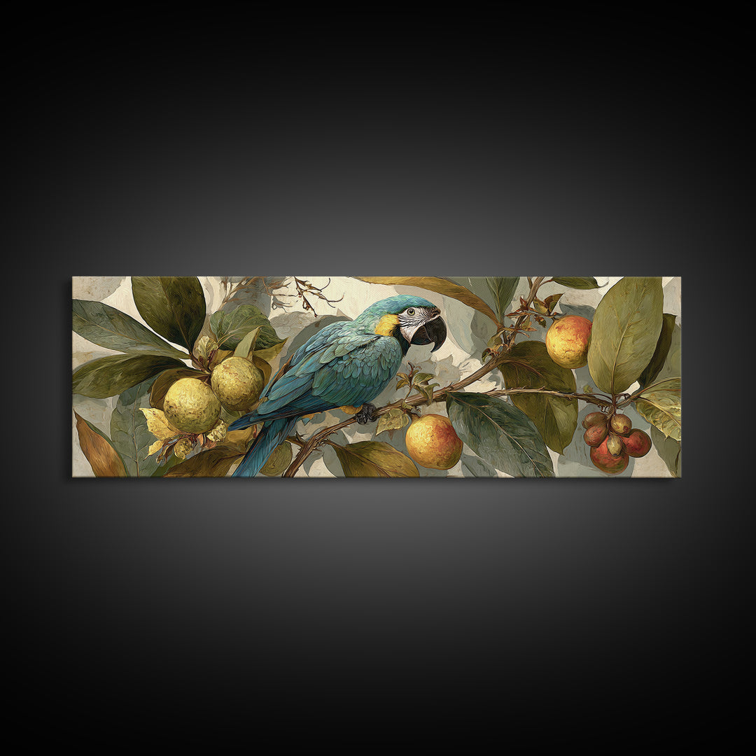 Parrot Among Tropical Leaves and Fruit Framed Canvas Print, Bird Art, Bird Prints, Living Room Decor, Fine Art, Flight, BIR-3x1-53