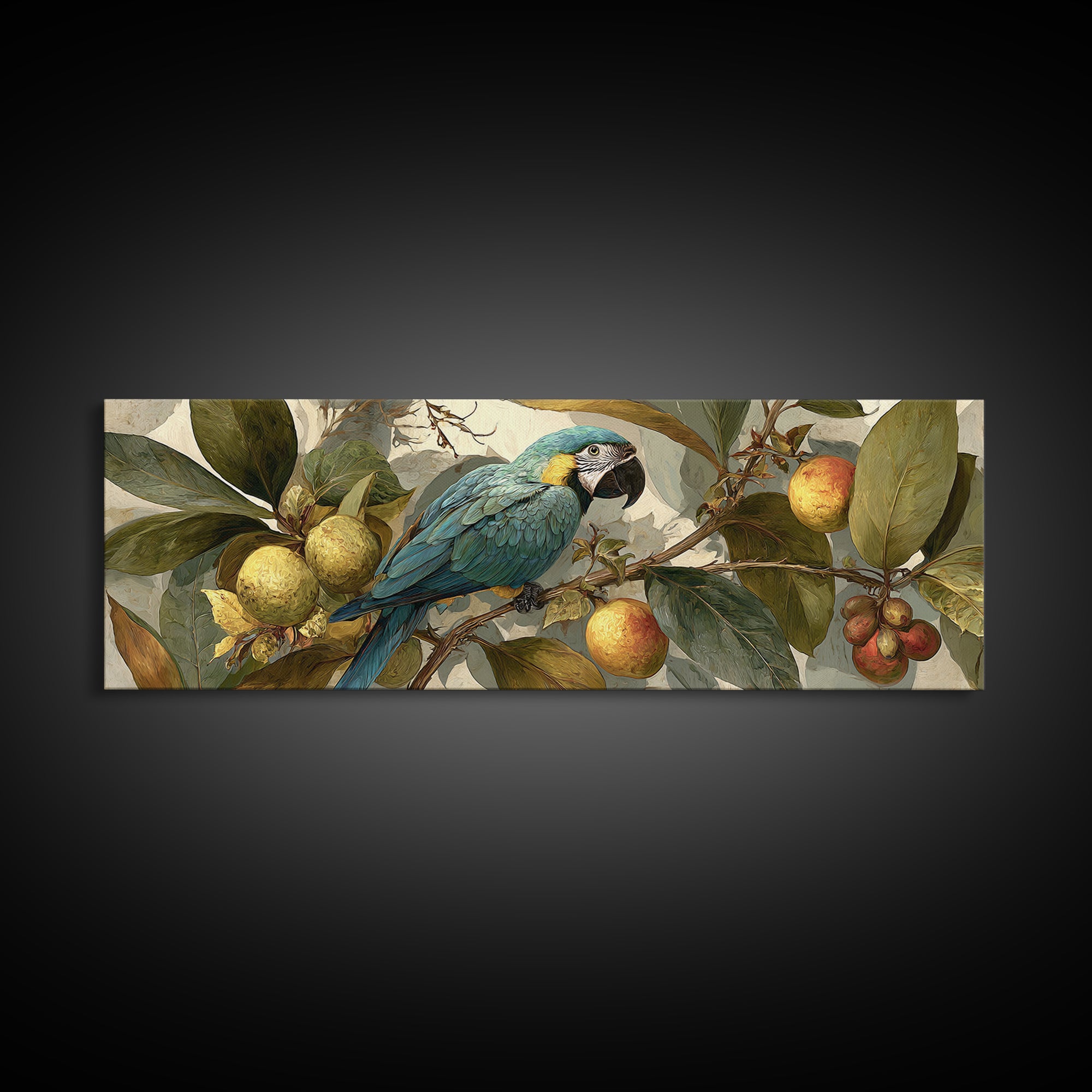 Parrot Among Tropical Leaves and Fruit Framed Canvas Print, Bird Art, Bird Prints, Living Room Decor, Fine Art, Flight, BIR-3x1-53