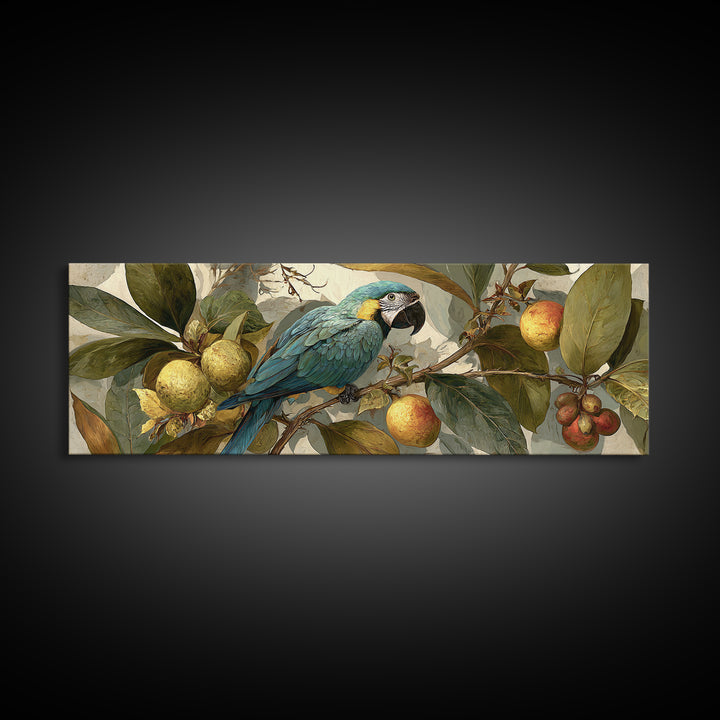 Parrot Among Tropical Leaves and Fruit Framed Canvas Print, Bird Art, Bird Prints, Living Room Decor, Fine Art, Flight, BIR-3x1-53