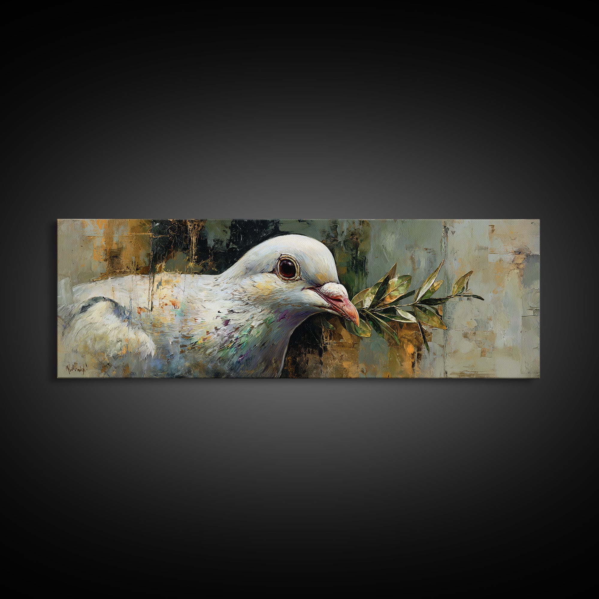 White Dove with Olive Branch and Calm Framed Canvas Print, Bird Art, Textured Painting, Living Room Decor, Oil Painting, Flight, BIR-3x1-56