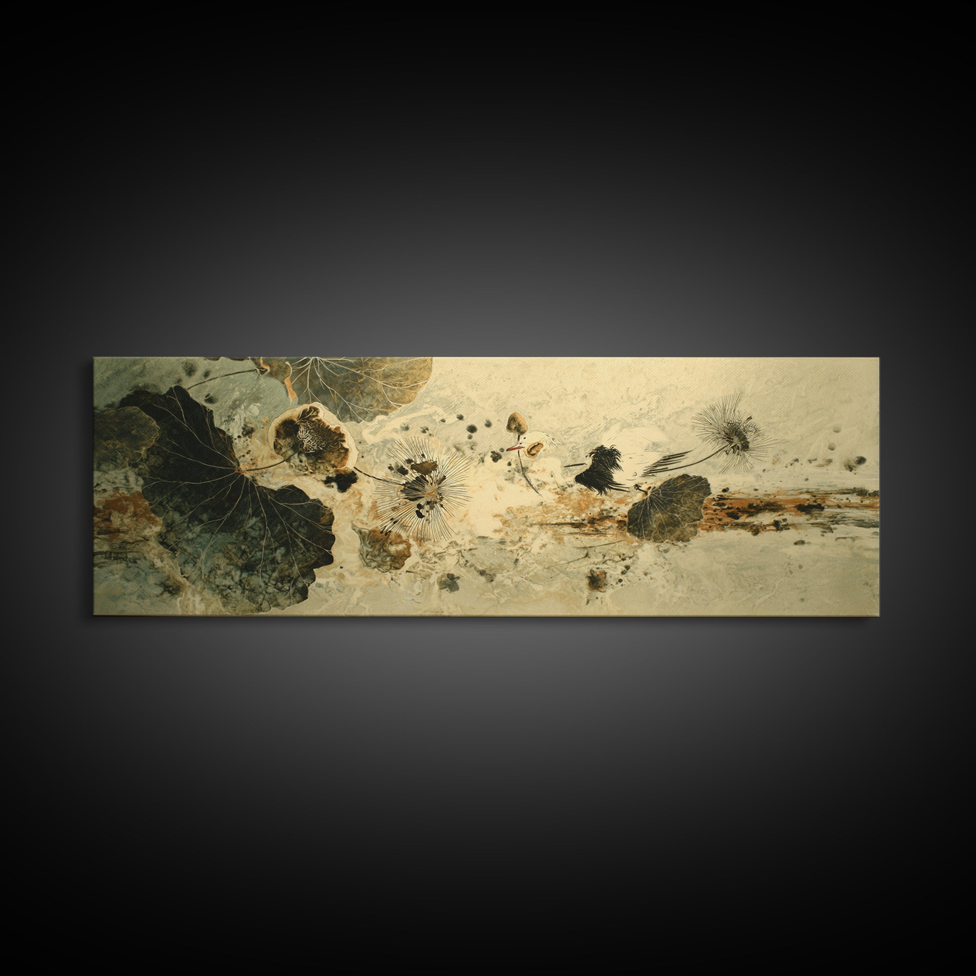 Crane and Lotus Composition Framed Canvas Print, Bird Art, Mid Century Wall Art, Living Room Decor, Fine Art, Flight, BIR-3x1-57