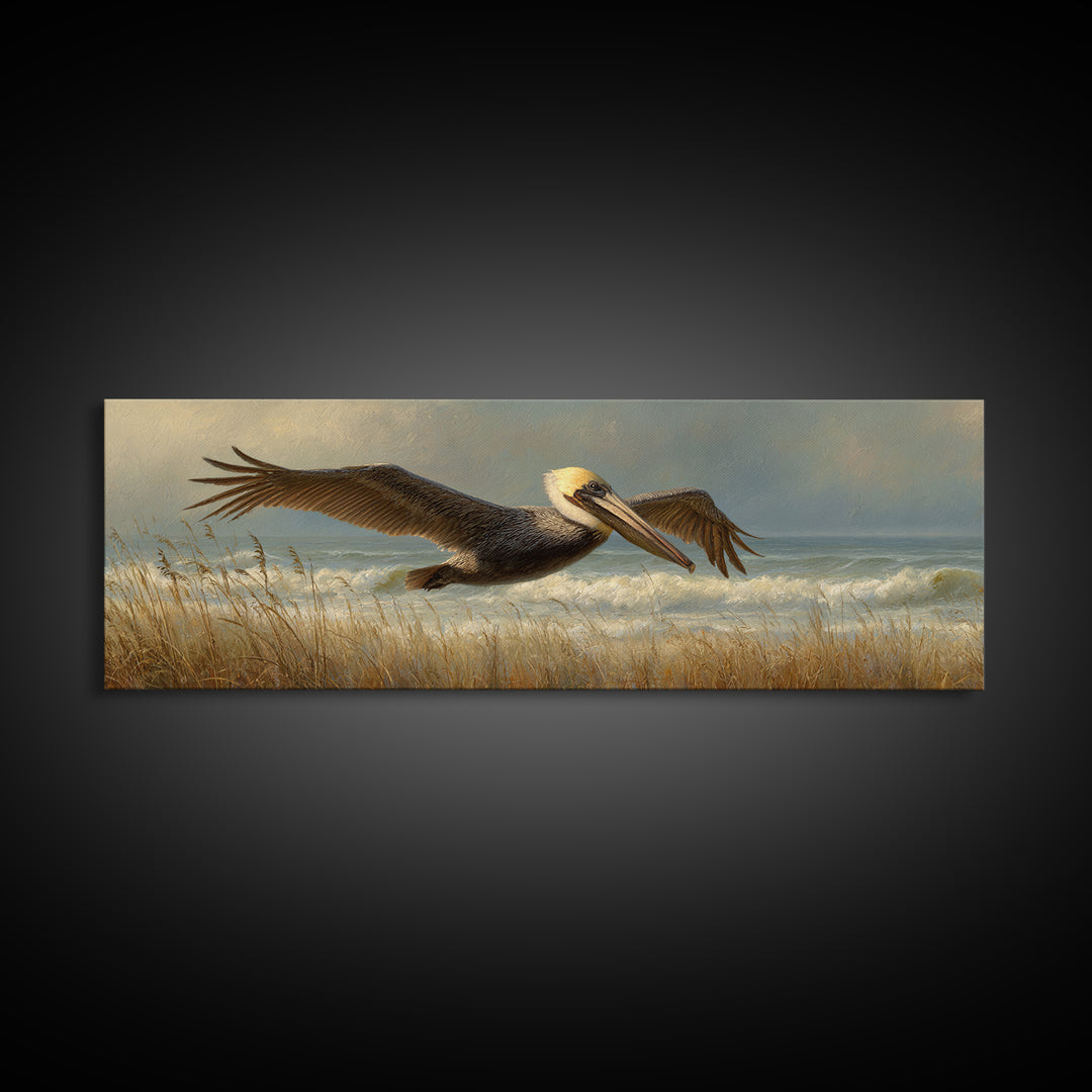 Pelican Flying over Coastal Waves Framed Canvas Print, Bird Art, Japanese Wall Art, Living Room Decor, Fine Art, Flight, BIR-3x1-58